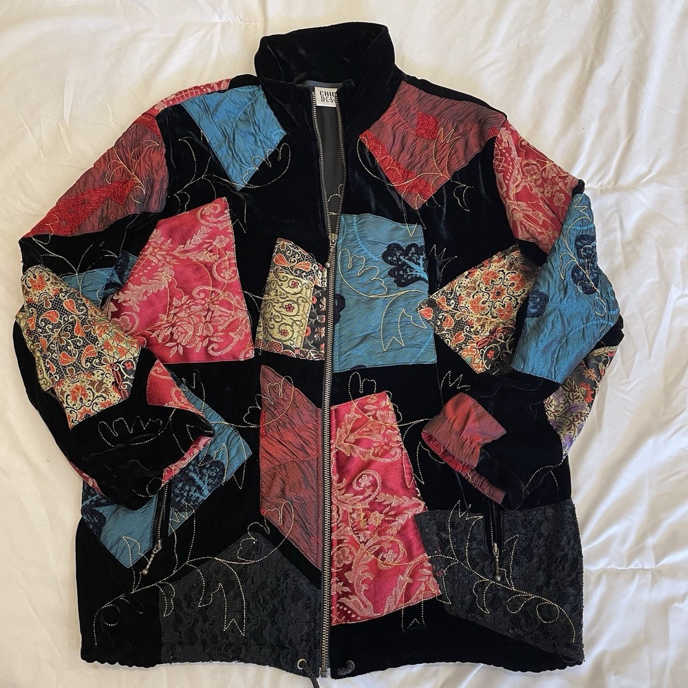 Chico's Design Patchwork Jacket Womens 1 M Black Velvet Brocade Vintage Boho Art